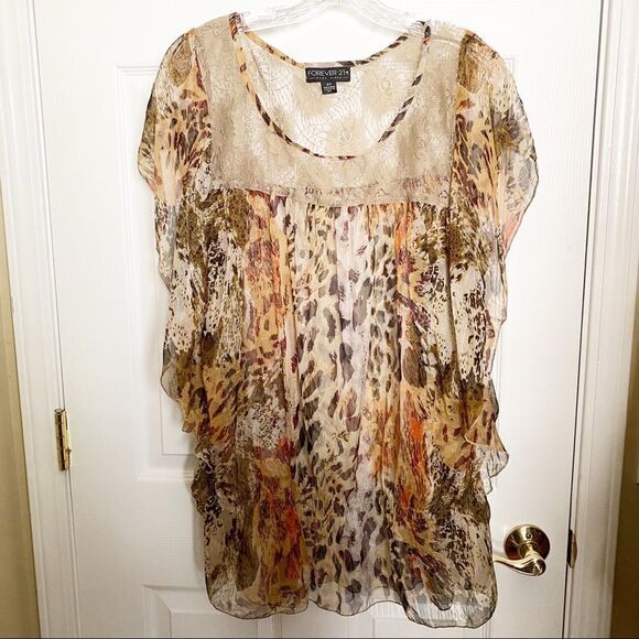 Sheer Leopard and Lace Flutter Sleeve 3X Top - Picture 8 of 8